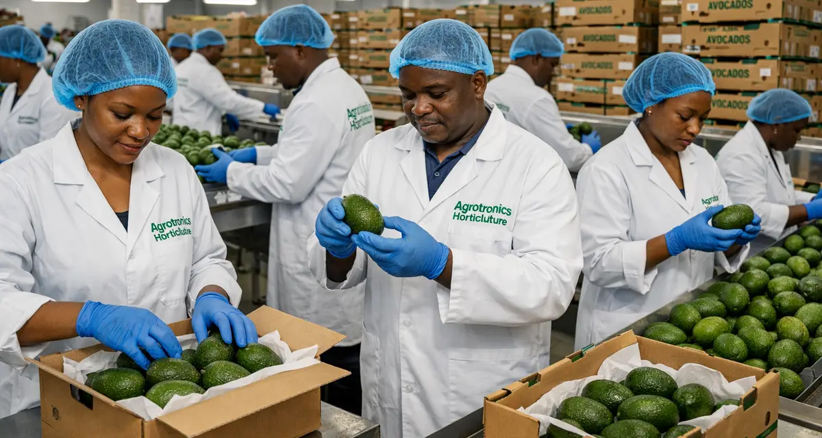 Avocados being graded by size and quality at an export packhouse in Kenya